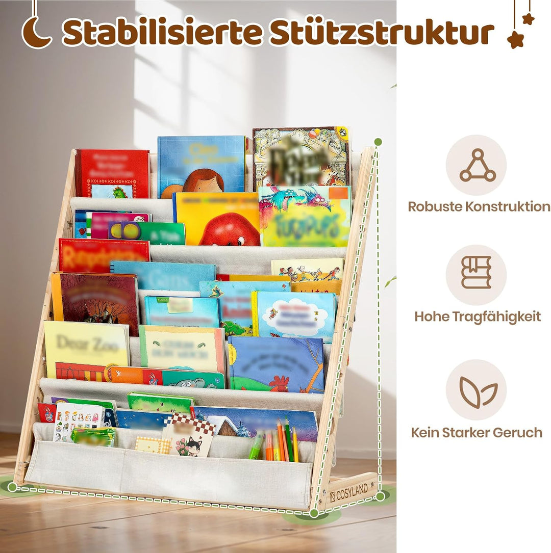 COSYLAND Bücherregal Kinder mit 6 Oxford-Stoff Fächern - Kinderbücherregal aus Naturholz - Bücherreg