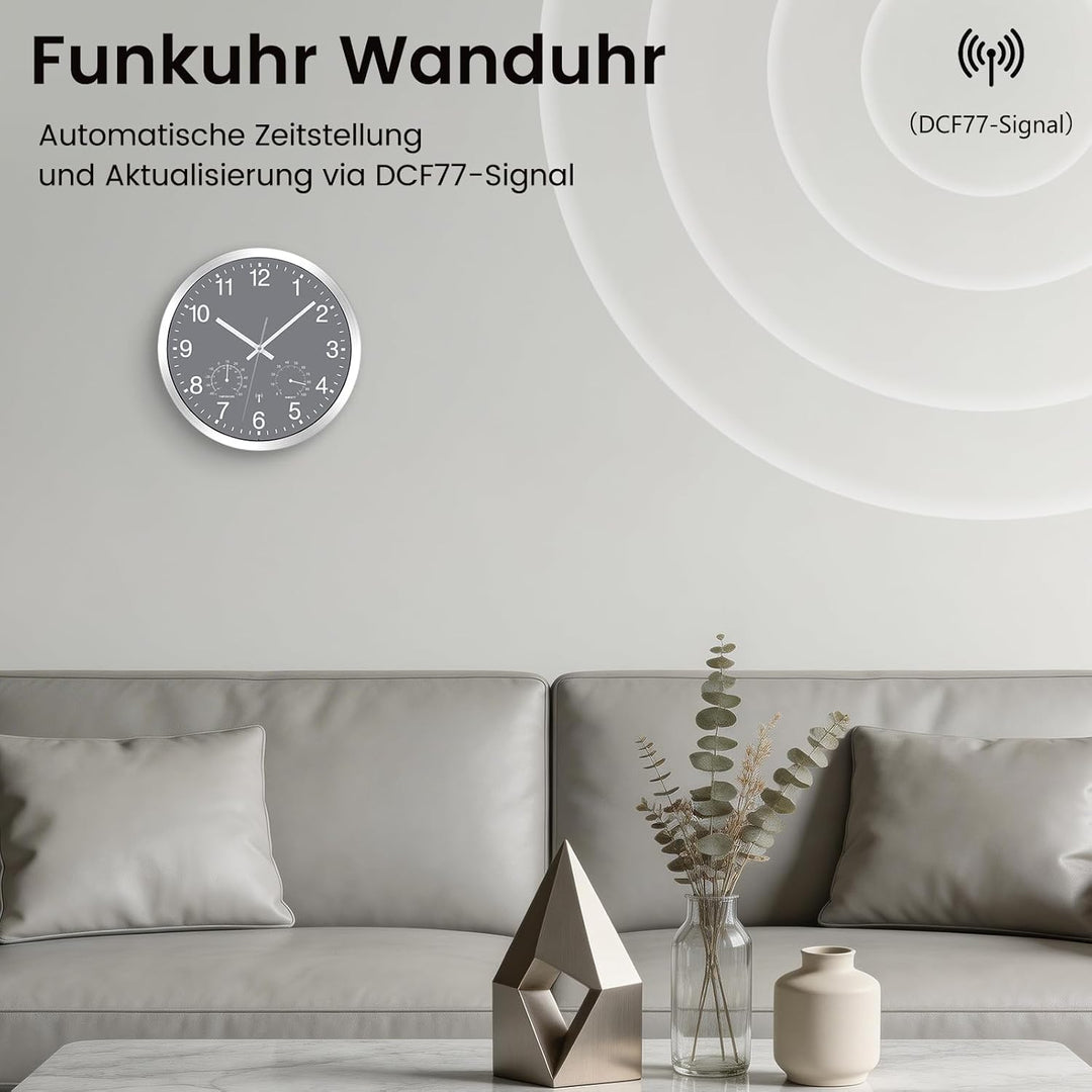 Wanduhr Funk Uhr mit Temperaturanzeige und Feuchtigkeitsmesser Funkuhr Wanduhr Lautlos Wand Ohne Tic