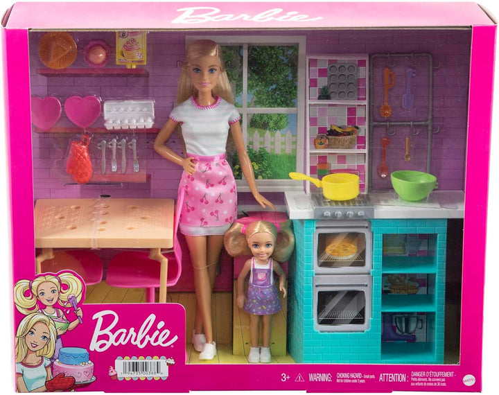 Barbie-Schwestern Backspielset mit Barbie-Puppe & Chelsea-Puppe, Küchenutensilien, Geschirr und über