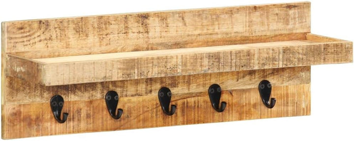 Hothingwell Garderobenständer, Mangoholz, unbehandelt, massiv, 5 Haken | Mit Regal, 60x15x20cm, für
