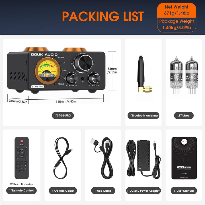 Douk Audio ST-01 PRO HiFi-Verstärker, 200W Mini Röhrenverstärker mit Bluetooth 5.0, VU-Messer, USB D