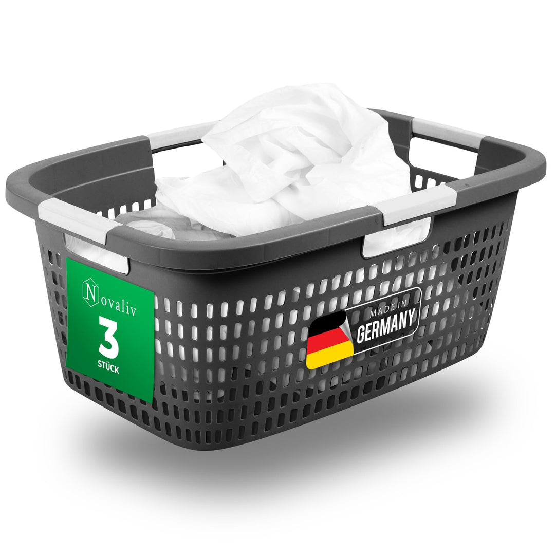 Novaliv 3 Stück Wäschekorb mit 4 Griffen 40L Anthrazit, Wäschebox Set Wäscheeimer Wäschebehälter für