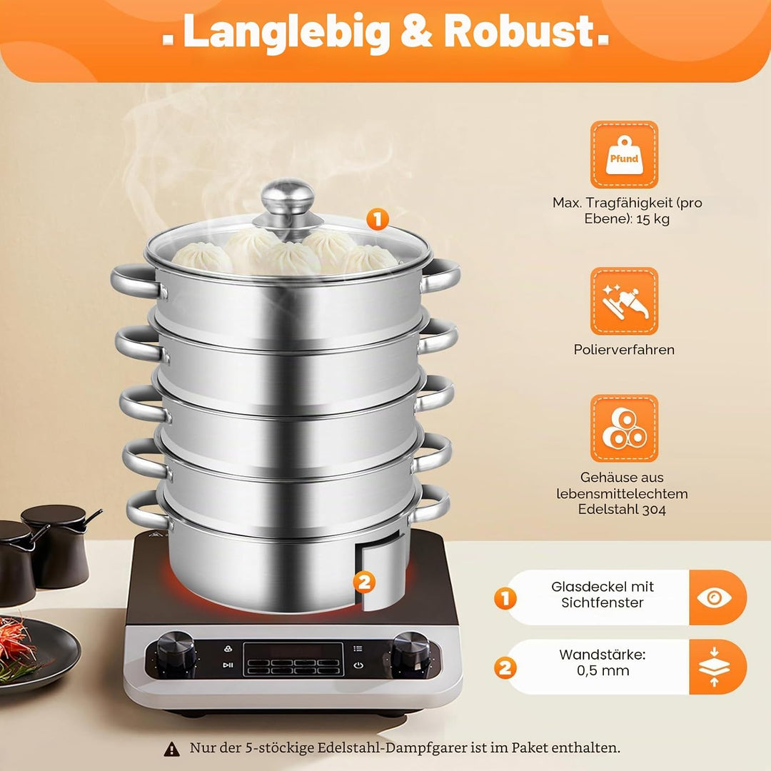 5-stufiger Edelstahl-Dampfgarer, lebensmittelecht mit Glasdeckel Dampfgarer, faltbarer Dampfgarer mi