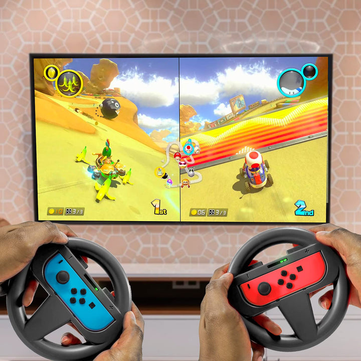 Orzly 2 x Lenkräder für Nintendo Switch – 2 x schwarzes Lenkrad für Joy-Cons der Nintendo Switch Kon