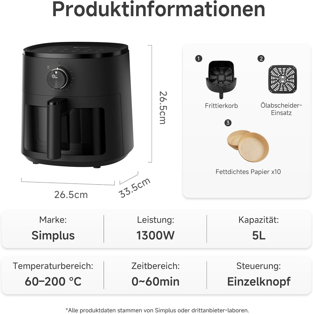 SIMPLUS Heissluftfritteuse 5L mit Sichtfenster, 1300W Airfryer, leise 43,2 dB, platzsparend, Heisslu