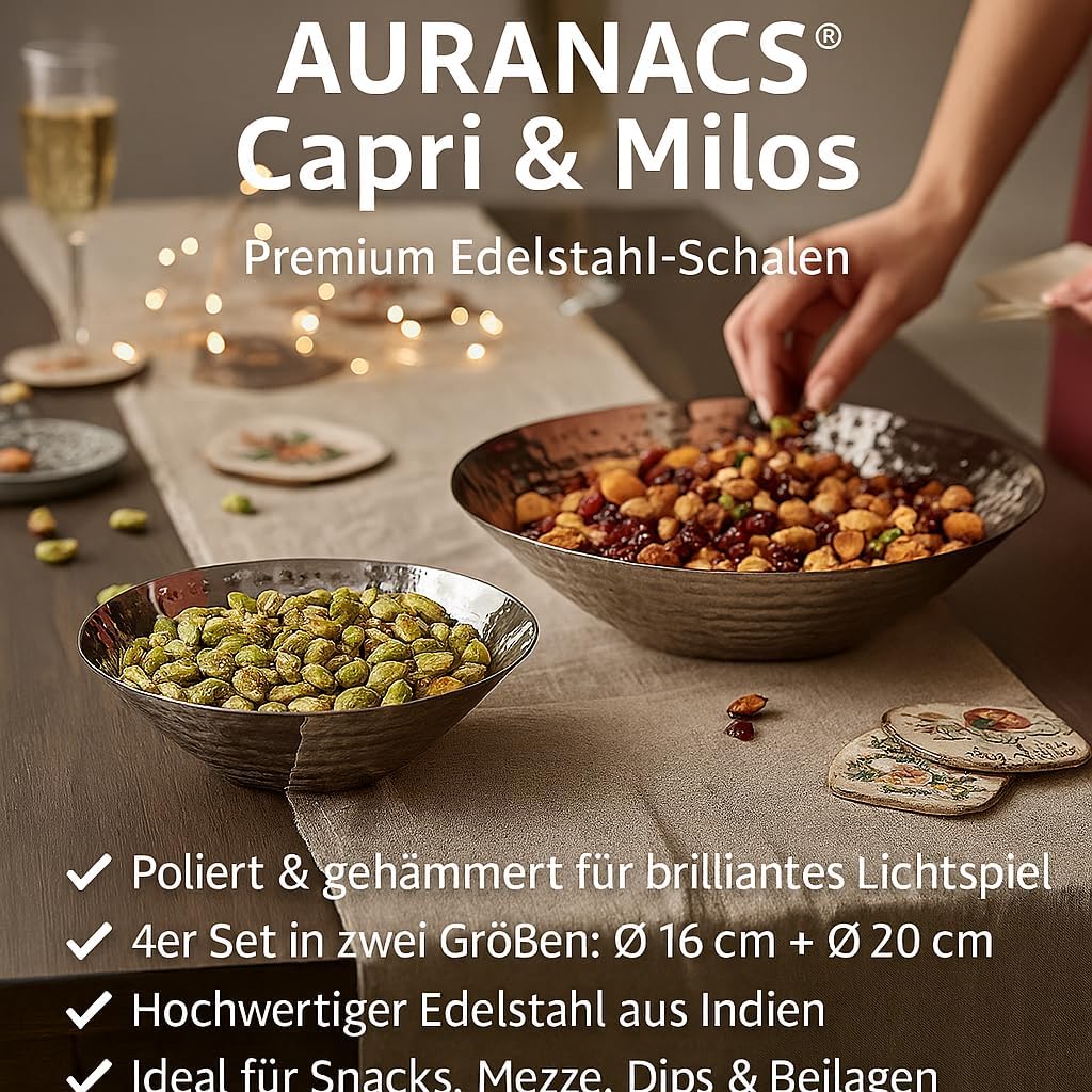 Capri & Milos | 4er Schalen-Set aus Edelstahl | Poliert & gehämmert | 2× Snackschale Ø 16 cm & 2× Se
