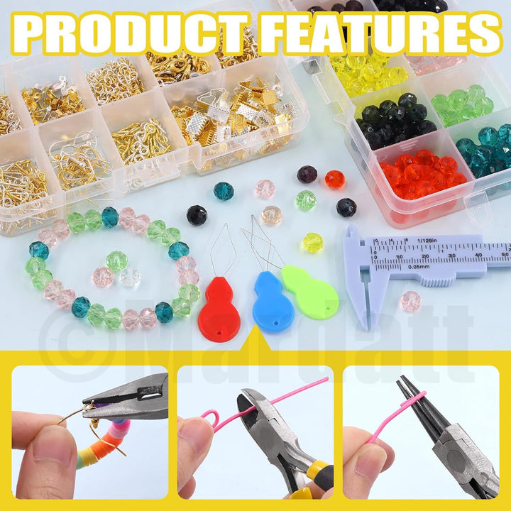 Mardatt 1250Pcs Jewelry Making Supplies Kit Includes 10 Colors 8mm Crystal Beads, Jewelry Pliers, Je