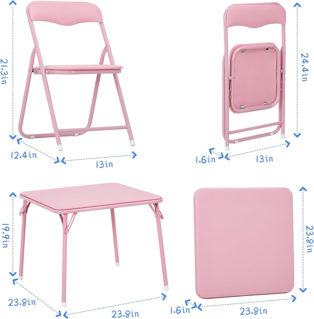 GarveeLife Kinder Klapptisch Stuhl Set 1+4 Eisen PU Holz Rosa | Vollstahlrahmen PU Leder Polster Hol
