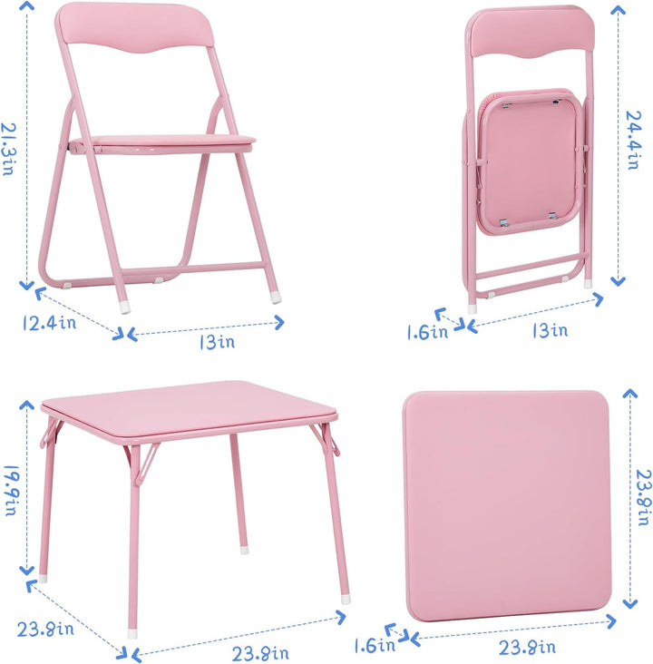 GarveeLife Kinder Klapptisch Stuhl Set 1+4 Eisen PU Holz Rosa | Vollstahlrahmen PU Leder Polster Hol