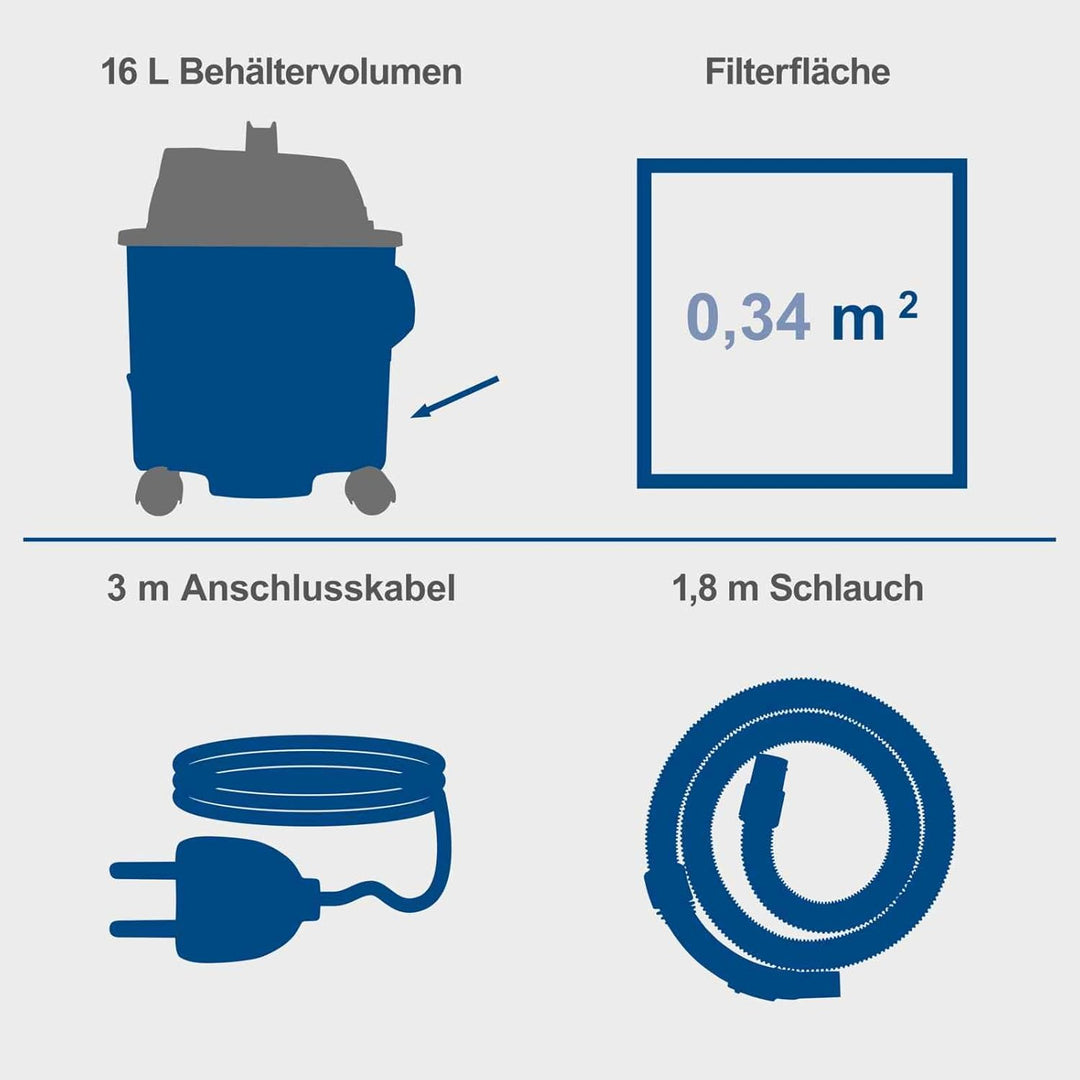 Scheppach Nass- und Trockensauger NTS16 Bodenreiniger Mehrzwecksauger | 16L Behälter | 1200W mit 20