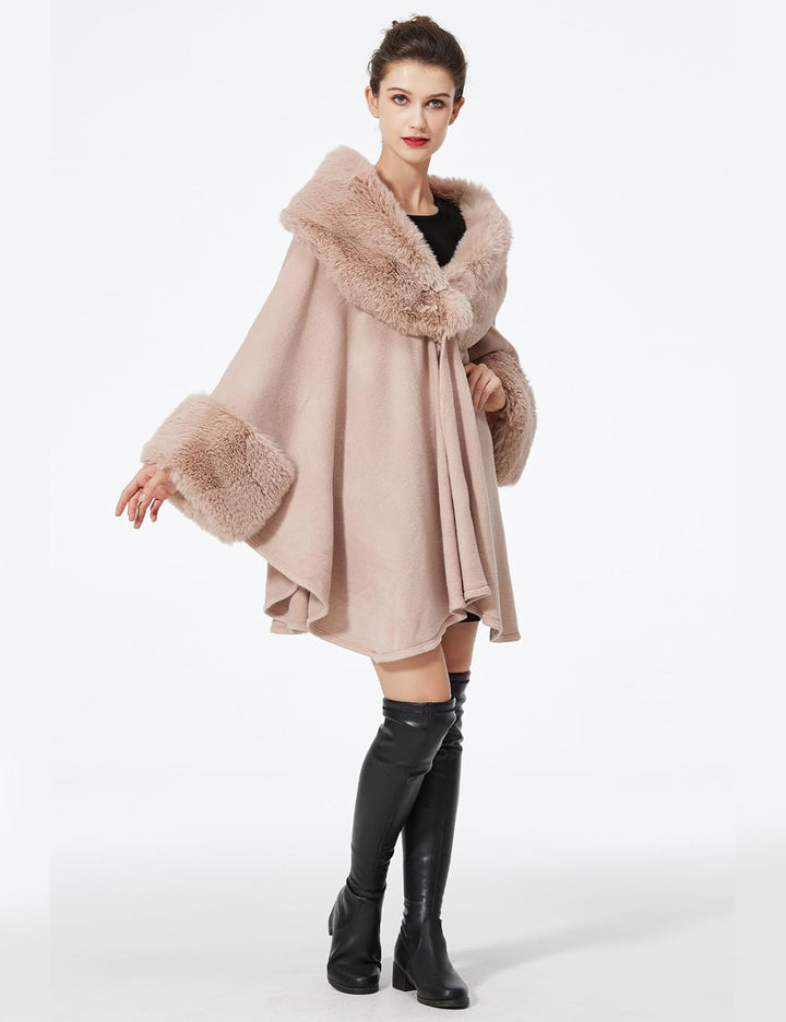 BEAUTELICATE Kunstpelz Poncho Stola Damen Umhang Cape Herbst Strickjacke Winter Mantel Mit Kunstfell