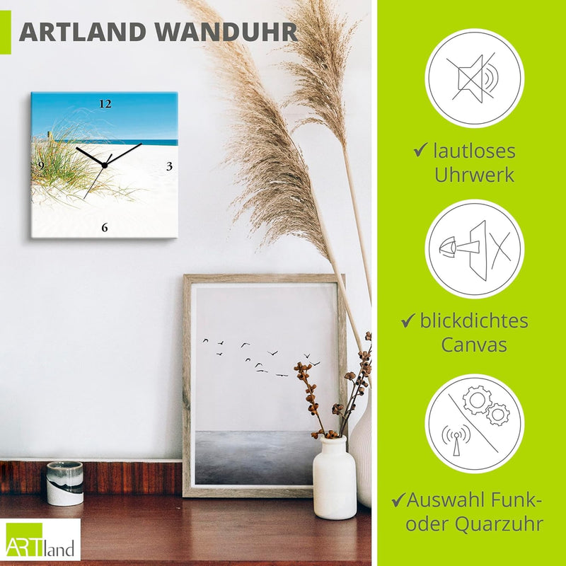 ARTLAND Wanduhr ohne Tickgeräusche Leinwand Funkuhr 30x30 cm Quadratisch Lautlos Strand Meer Gräser