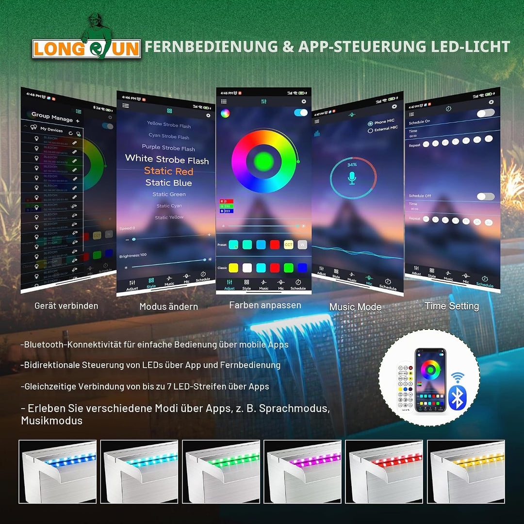 Longrun 60cm Teich Wasserfall Set, 304 Edelstahl Pool Wasserfall Brunnen mit RGB Bluetooth LED und F