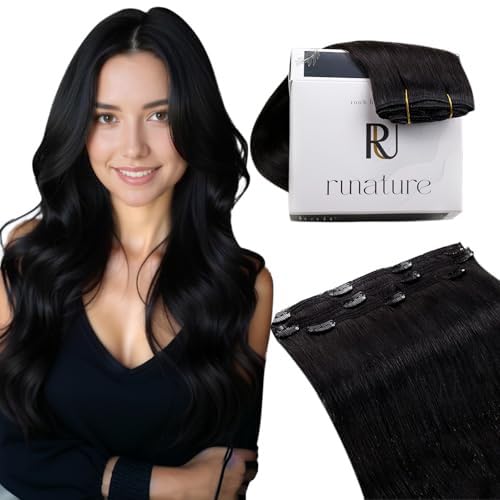RUNATURE Clip in Extensions Echthaar Schwarz Glatt 40cm Echthaar Extensions Clip Naturliches Schwarz