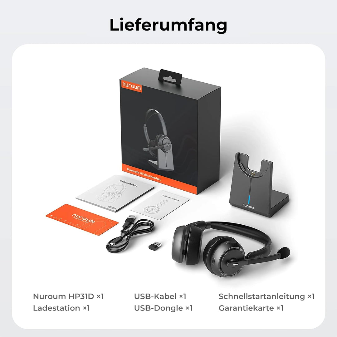 Nuroum HP31D 2026 Bluetooth Headset mit Mikrofon Wireless, KI Rauschunterdrückung für Anrufe,45 Std.
