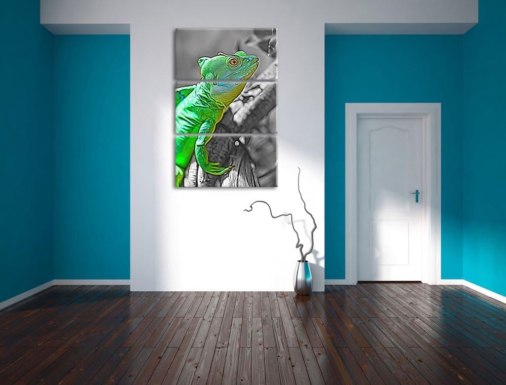 schönes kleines Chamäleon schwarz/weiss Deluxe 3-Teiler Leinwandbild 120x80 Bild auf Leinwand, XXL r