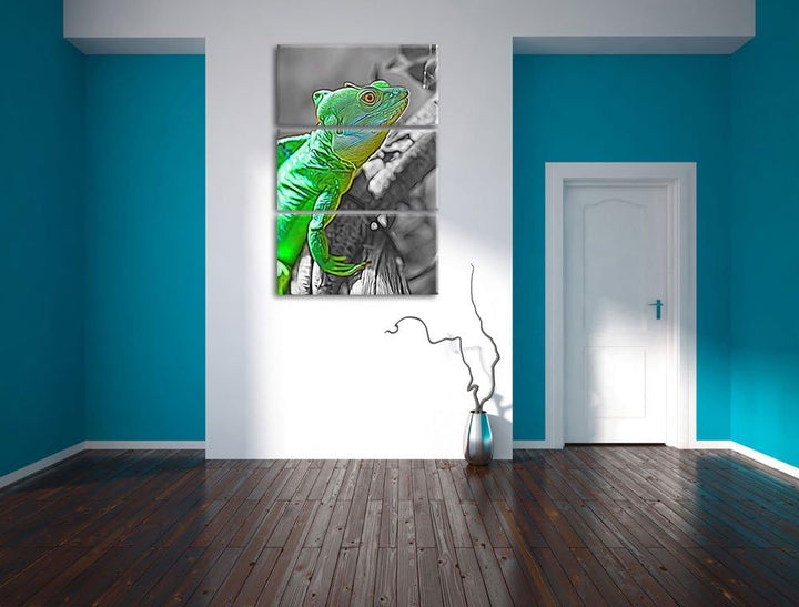 schönes kleines Chamäleon schwarz/weiss Deluxe 3-Teiler Leinwandbild 120x80 Bild auf Leinwand, XXL r