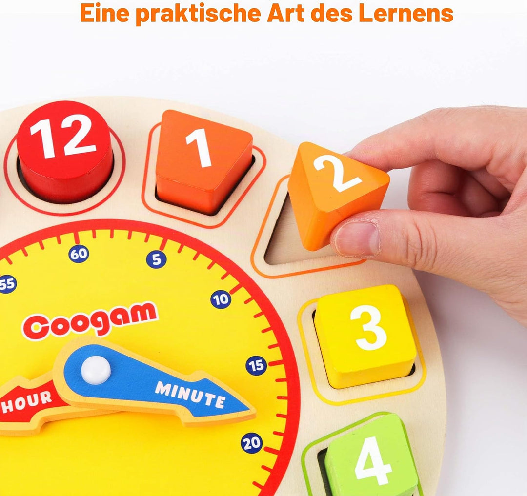 Coogam Lernuhr Holz Montessori Spielzeug mit 12 Steck-Formen Sortierung - Anzahl Blöcke Puzzle Stape
