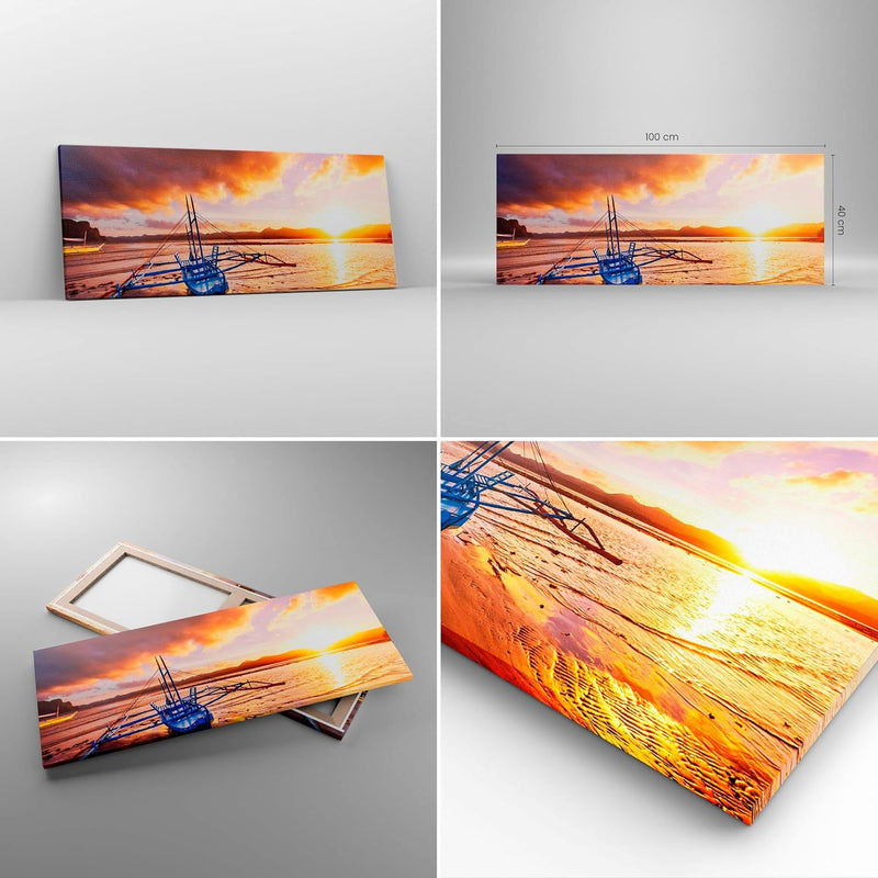 Panorama Bilder auf Leinwand 100x40cm Leinwandbild Ufer Boot Strand Gross Wanddeko Bild Schlafzimmer