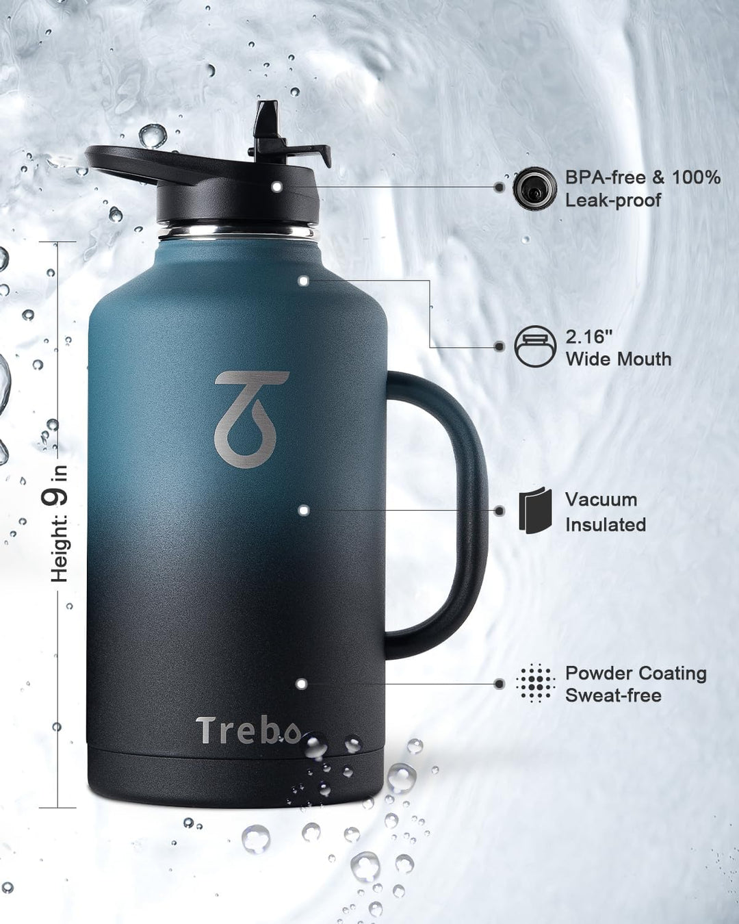 Trebo Isolierte Wasserflasche mit Griff, 1,8 l, Edelstahl, Metall, grosser Krug, Reiseflasche mit St