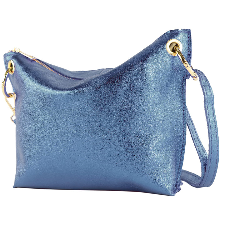 modamoda de T243 Damen Leder Umhängetasche Schultertasche handmade in Italy Jeansblau-metallic, Jean