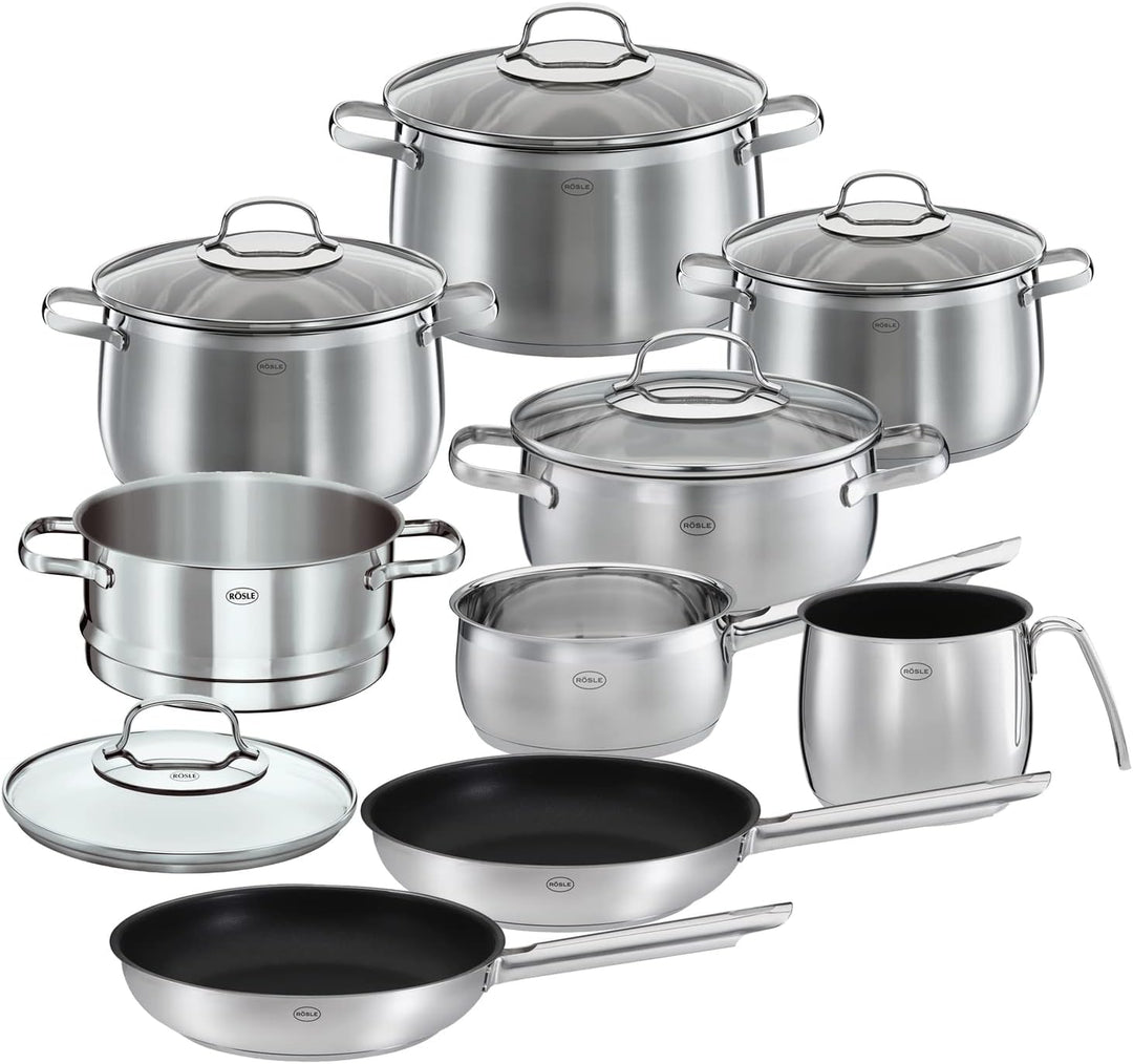 RÖSLE ELEGANCE GLOBE Topfset 10-tlg., 6 hochwertige Kochtöpfe, 1 Dämpfeinsatz, 2 Bratpfannen im Set,