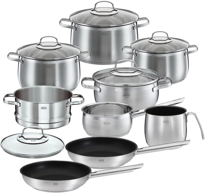 RÖSLE ELEGANCE GLOBE Topfset 10-tlg., 6 hochwertige Kochtöpfe, 1 Dämpfeinsatz, 2 Bratpfannen im Set,