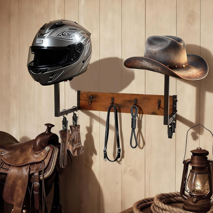 Helmhalterung Wand, Holz Hutständer Wand für Cowboyhut, Motorrad Garderobe Hutaufhänger mit 4 Metall