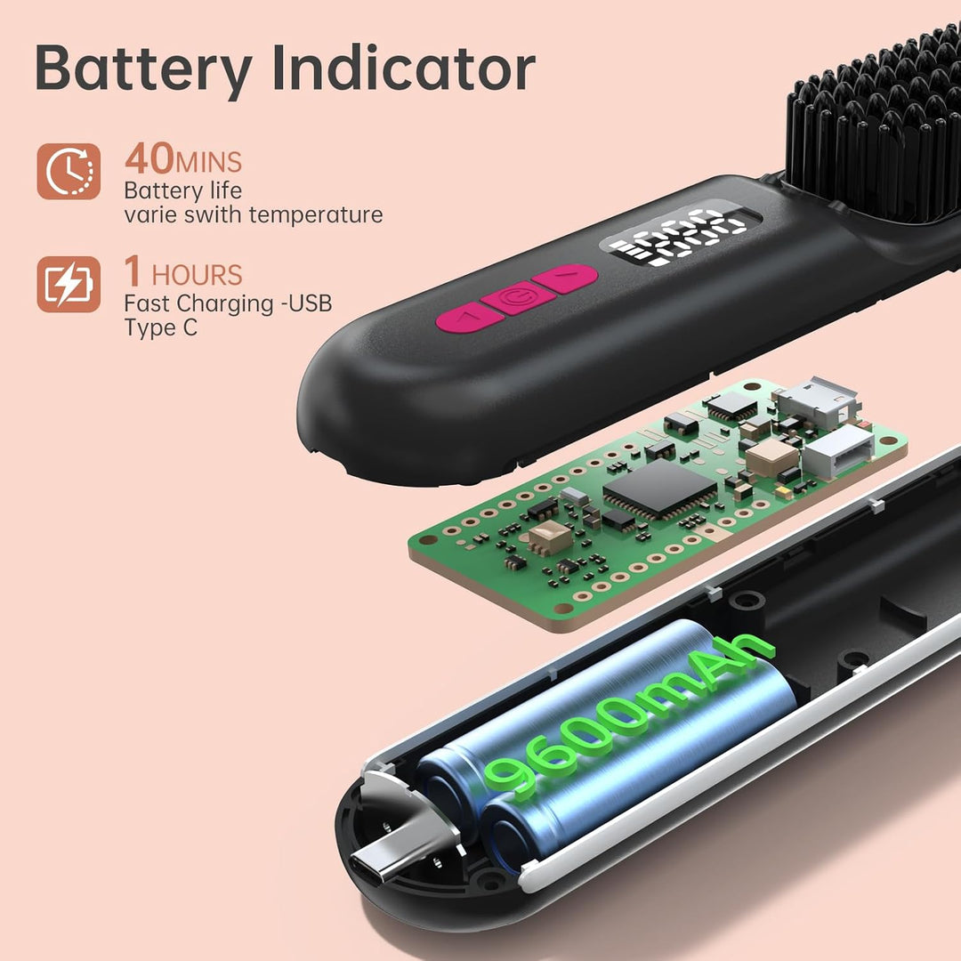 Glättbürste Kabellos 9600mAh, 9 Wärmestufen(140–230°C) CHaarglätter Bürste mit Millionen Negative Io