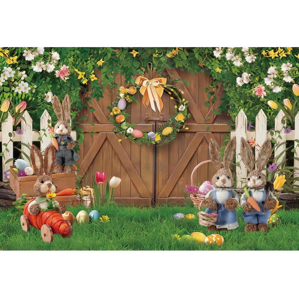 Renaiss 3x2.5m Frühling Ostern Hintergrund für Fotografie Holz Tür Gras Blumen Ostereier Hase Hinter