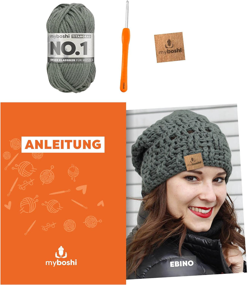 myboshi Häkelset Mütze Ebino, inkl. No.1 Wolle, Nadel und Anleitung, für Mützen und Schals, Häkelpak