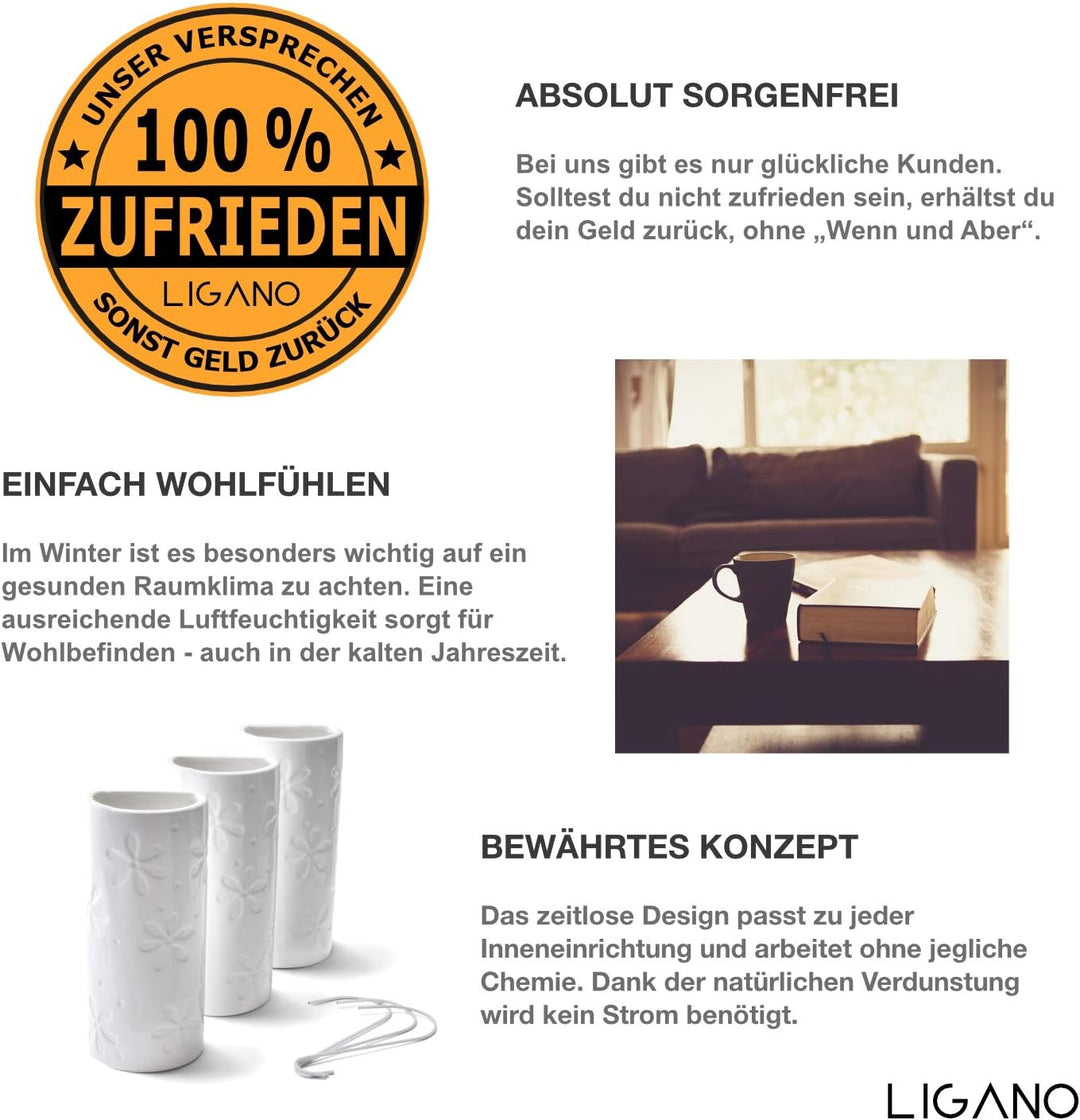Ligano® Heizkörper Luftbefeuchter mit Blumen-Motiv – Keramik Wasserverdunster für die Heizung – 3 St