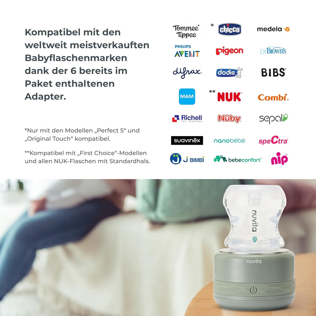 Nuvita 1166 Warm70 Kabelloser Flaschenwärmer 70°C – USB-Aufladbar, Universell Kompatibel mit 6 Adapt