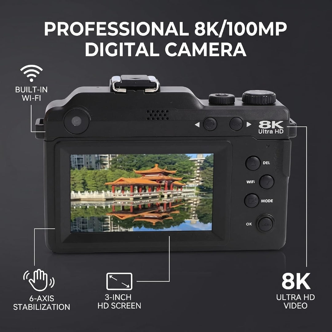 8K WiFi Digitalkamera, 100 MP Dual-Objektiv-Kamera mit 18X Zoom 3 Zoll Bildschirm, 6 Achsen elektron