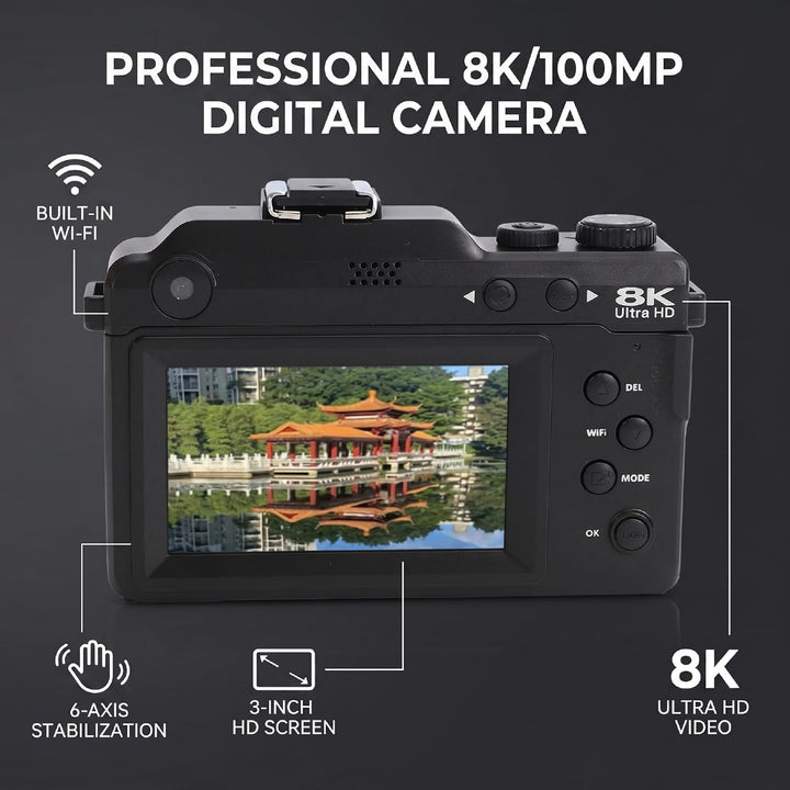 8K WiFi Digitalkamera, 100 MP Dual-Objektiv-Kamera mit 18X Zoom 3 Zoll Bildschirm, 6 Achsen elektron
