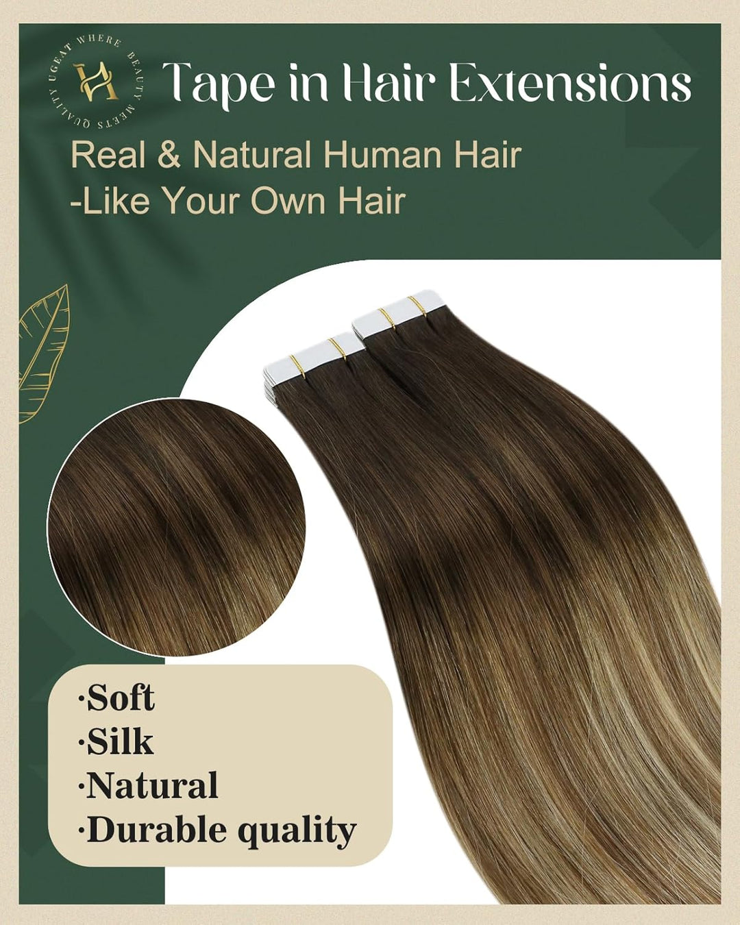 Ugeat 50 Gramm Haarverlängerung Echthaar Tape Hair Extension 45cm Haare Tapes Extensions Echthaar 20