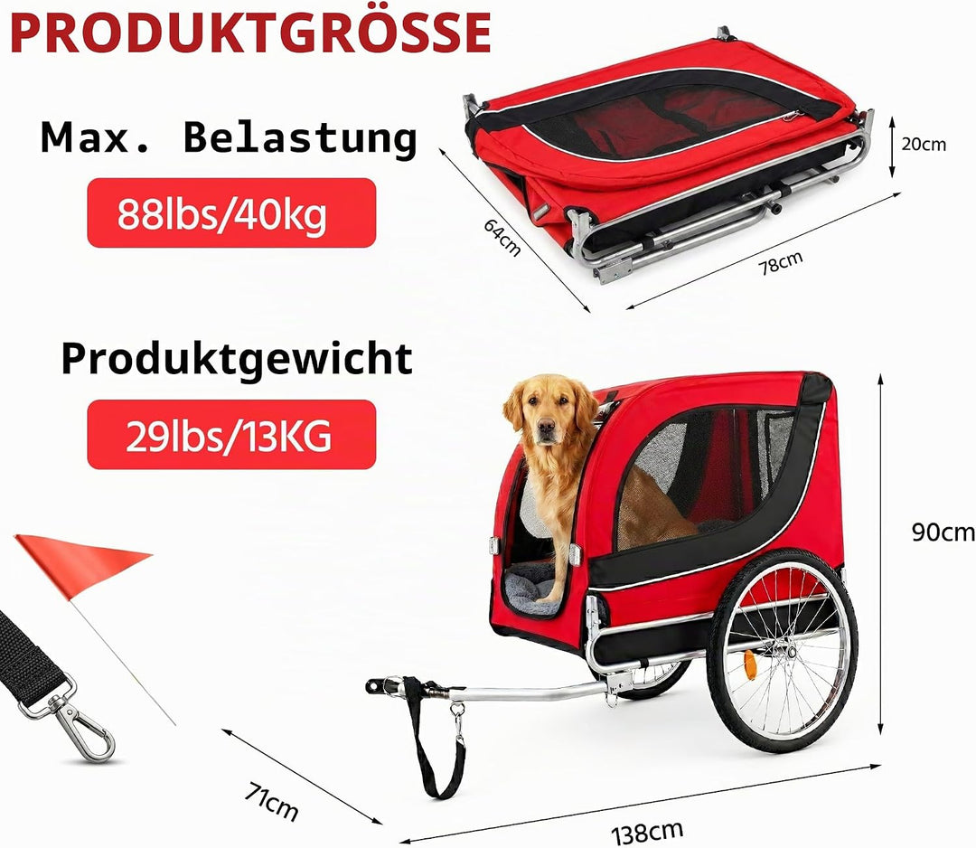 Klappbarer Hundefahrradanhänger &amp; Hundebuggy mit Dachöffnung Rot, Rot