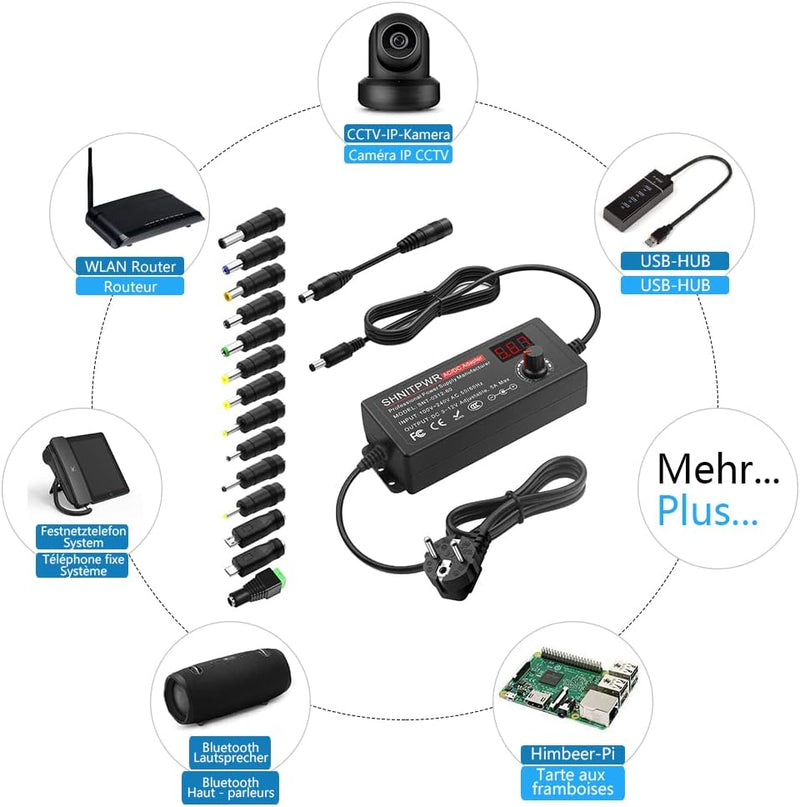 SHNITPWR Universal 3.5V~12V Netzteil 60W 5A Schalt-Netzteil Adapter AC/DC, mit 14 pcs Adapter Stecke