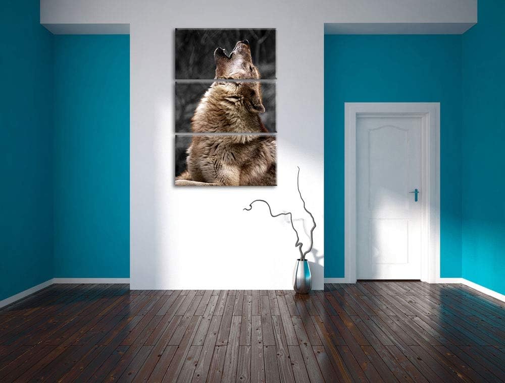 Anmutiger Heulender Wolf schwarz/weiss 3-Teiler Leinwandbild 120x80 Bild auf Leinwand, XXL riesige B