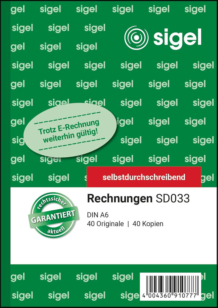 SIGEL SD033/10 Rechnungen, A6, 2x40 Blatt, selbstdurchschreibend, 10er Pack 10 Stück á 40 Blatt ohne
