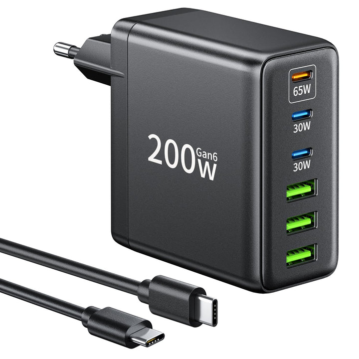 200W USB C Ladegerät, 6 Port Schnellladegerät mit 3 USBC und 3 USBA, GaN Mehrfach Netzteil, PD Charg