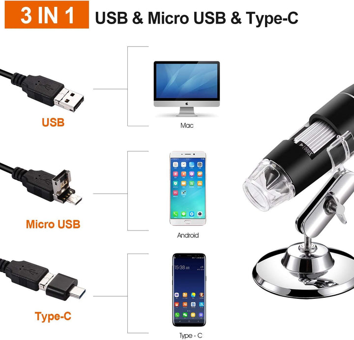 USB-Digitalmikroskop 40X bis 1000X, Bysameyee 8 LED-Vergrösserungs-Endoskopkamera mit Tragetasche un