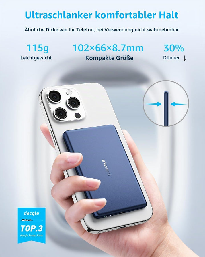 decqle “Air” Magnetische Powerbank für MagSafe, 5000mAh Ultra Slim Wireless Externe Akkupack mit USB