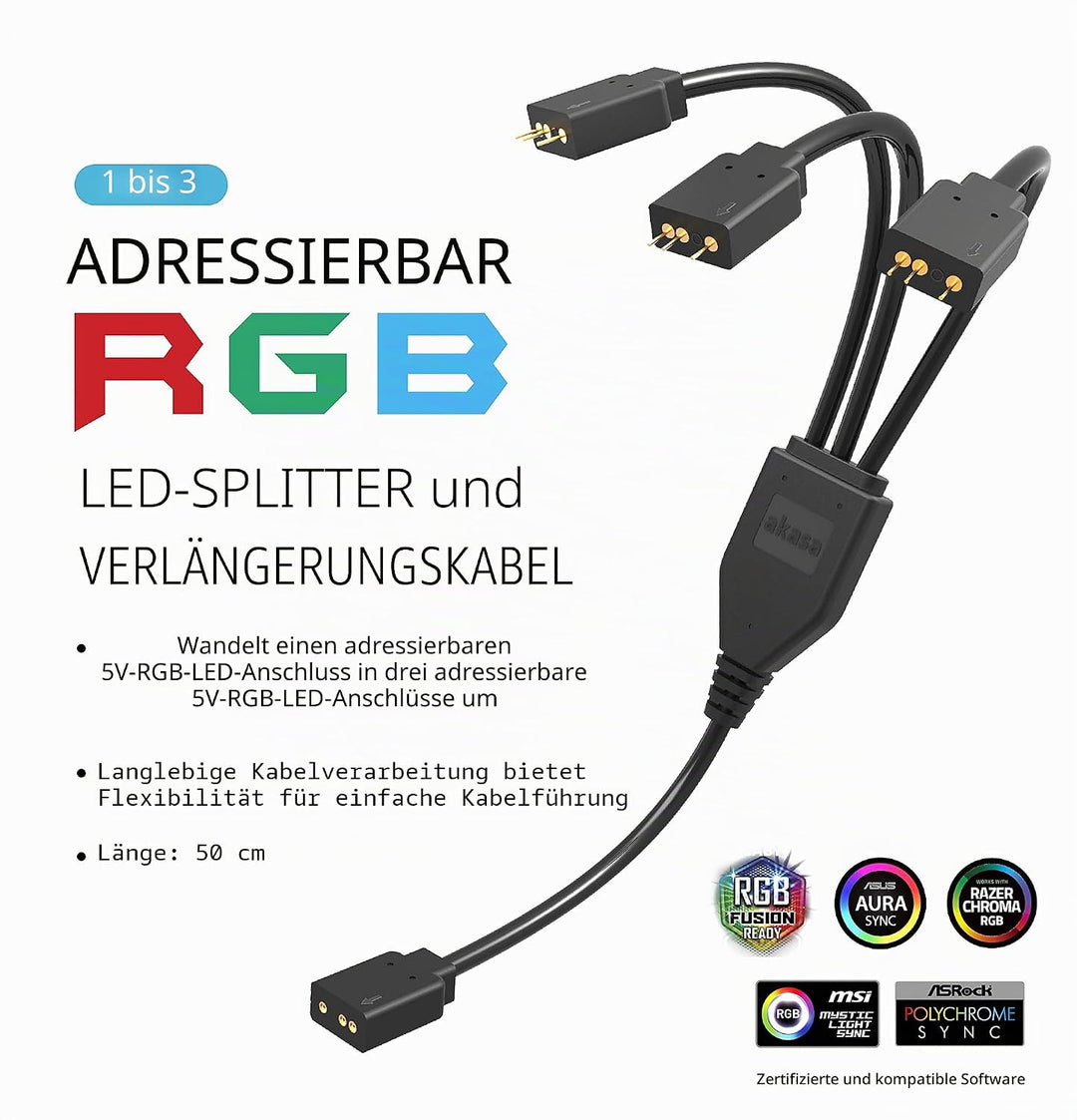 Akasa Adressierbarer RGB LED Verlängerungskabel, 1 zu 3 aRGB LED Y Verteiler Kabel, 3 Pin Anschluss,