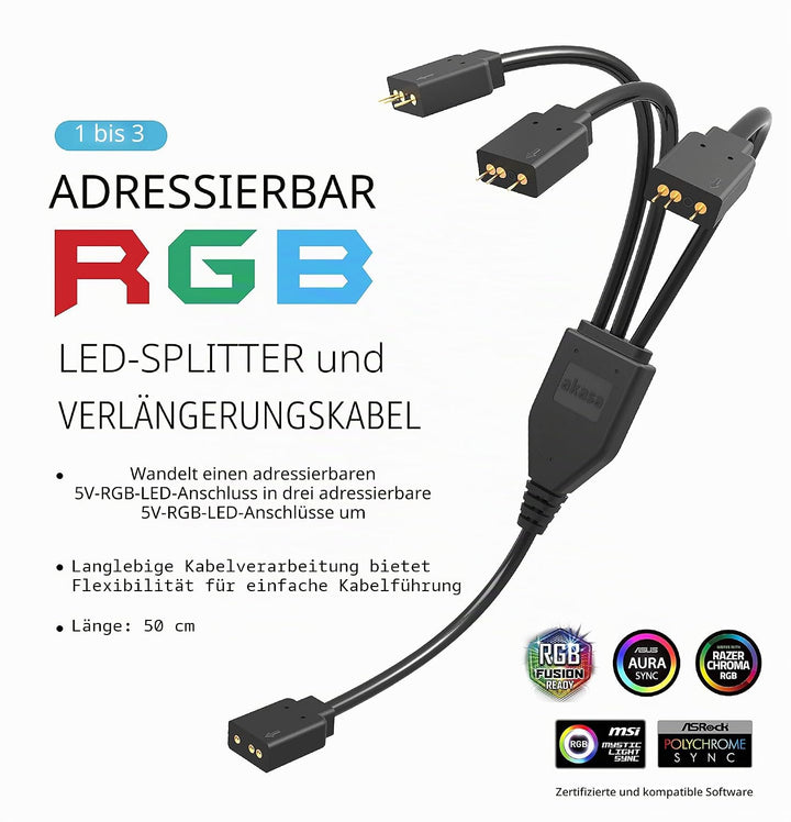 Akasa Adressierbarer RGB LED Verlängerungskabel, 1 zu 3 aRGB LED Y Verteiler Kabel, 3 Pin Anschluss,