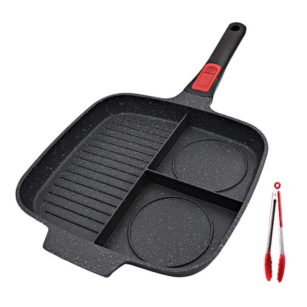 Bobikuke Multi Grillpfanne Induktion mit Abnehmbarer Griff, Steakpfanne 3 in 1 Antihaft Beschichtung