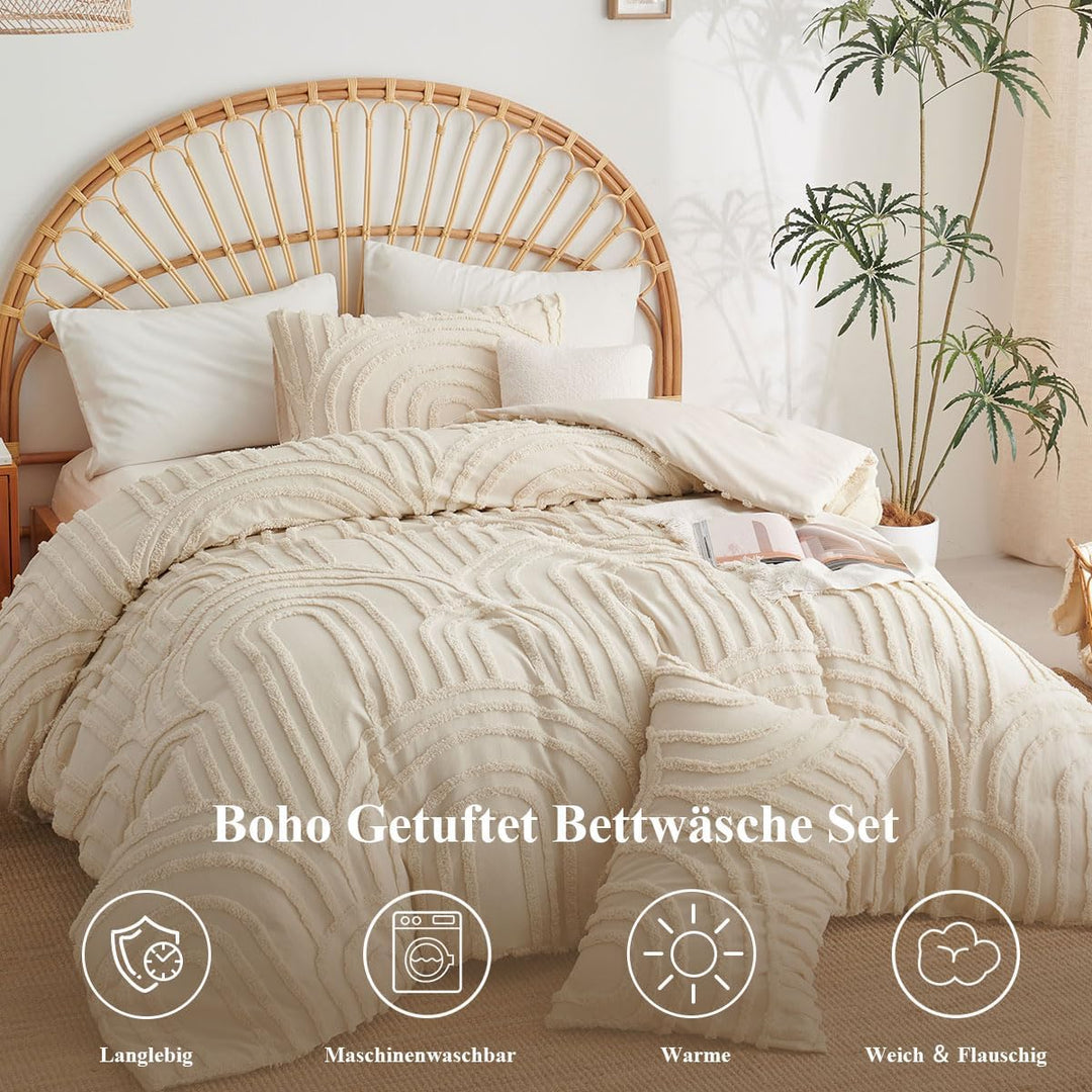 Lanqinglv Beige Bettwäsche 200x220cm Boho Getuftet Exquisite Handgefertigt Stickerei Geometrisch Chi