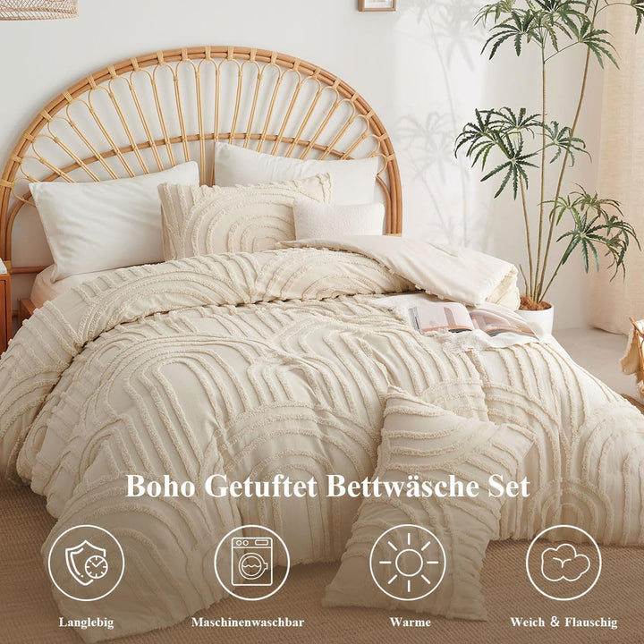 Lanqinglv Beige Bettwäsche 200x220cm Boho Getuftet Exquisite Handgefertigt Stickerei Geometrisch Chi
