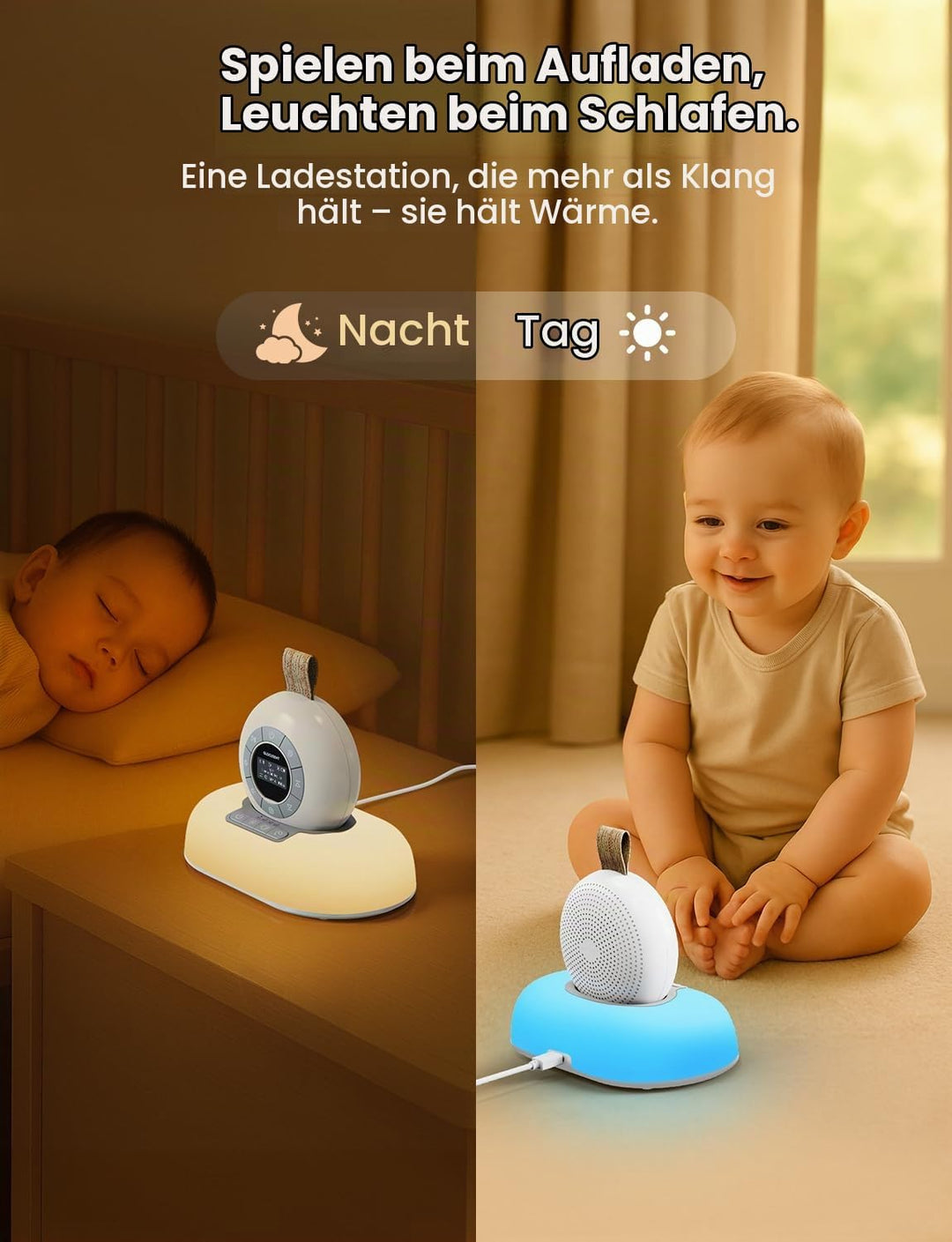 Glocusent Nachttischlampe Baby &amp; White Noise Machine mit 62 Sounds &amp; 9 Farben, Bluetooth, 2000mAh Ak