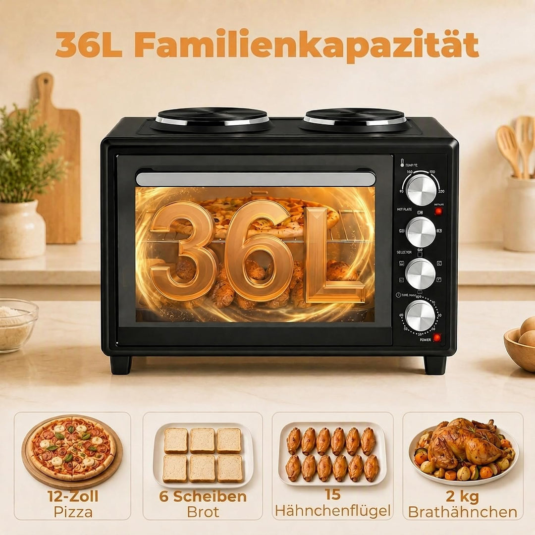 HOMCOM Mini Backofen mit Umluft 2 Kochplatten und Drehspiess, 36L, 90-230℃